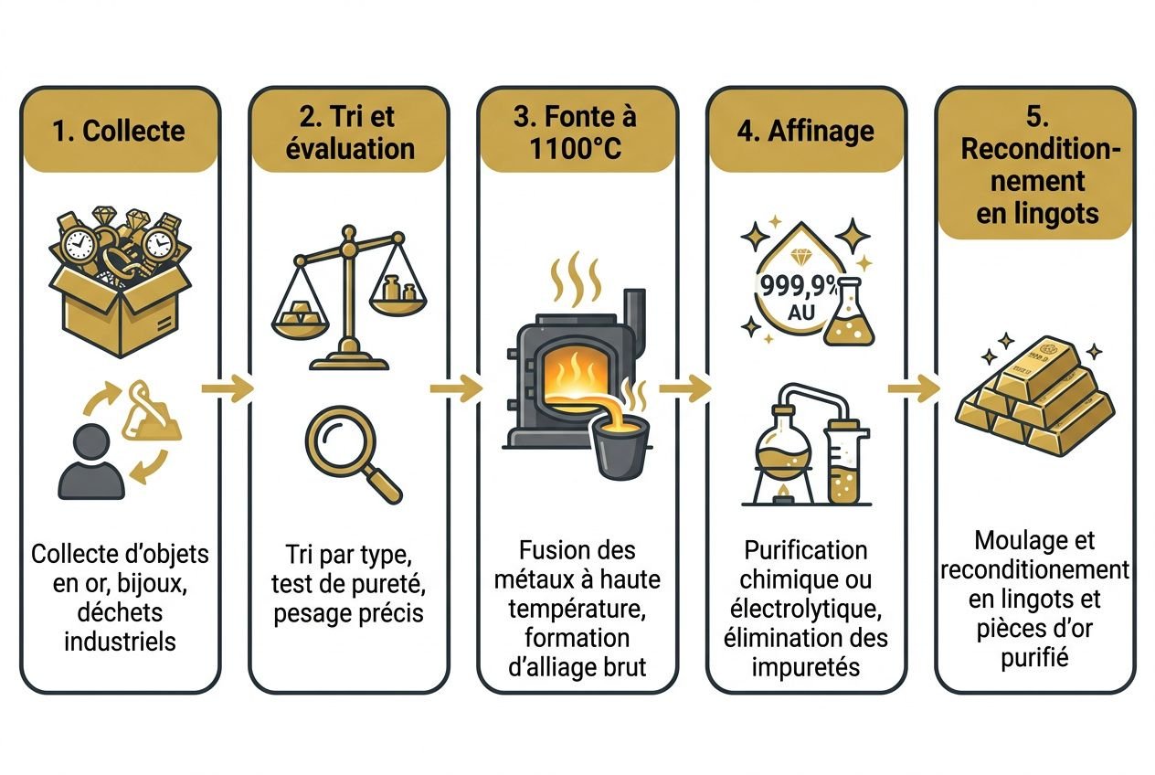 Processus en 5 étapes de recyclage de l’or: collecte, tri, fusion, purification et moulage des lingots. pourquoi recycler l'or importance.