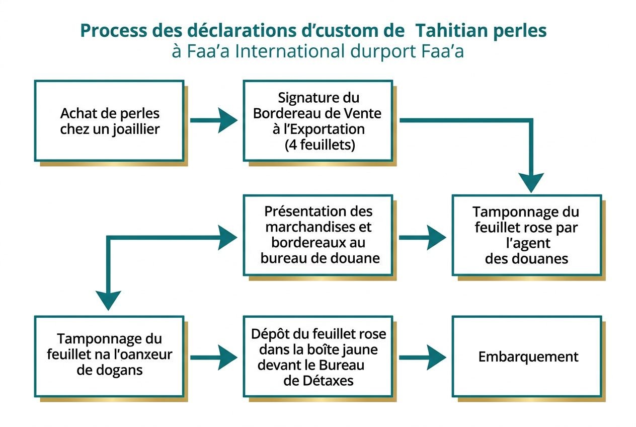 Processus des déclarations d’custom de Tahitian perles illustrant les étapes d’achat, tamponnage et dépôt avant embarquement.