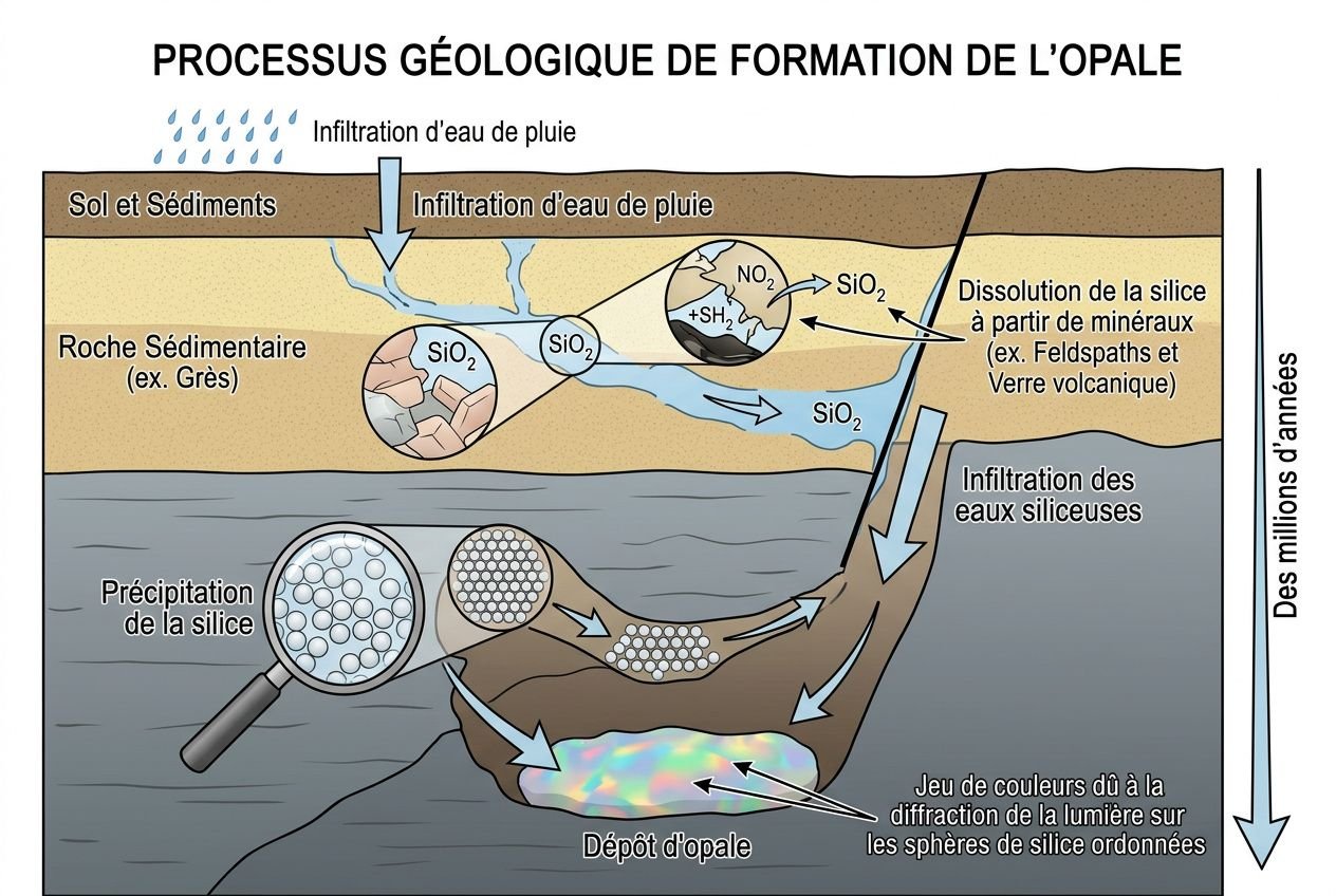 Processus géologique de formation de l’opale: eaux et silice se déposent sous forme de jeux de couleurs sur des sphères de silice ordonnées.