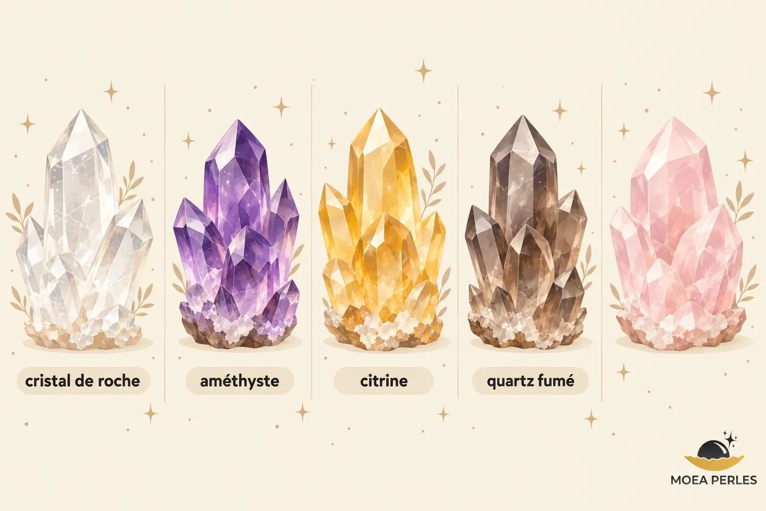 Quatre cristaux de quartz affichés en rangée, chacun portant une couleur différente et des formations géométriques visibles.