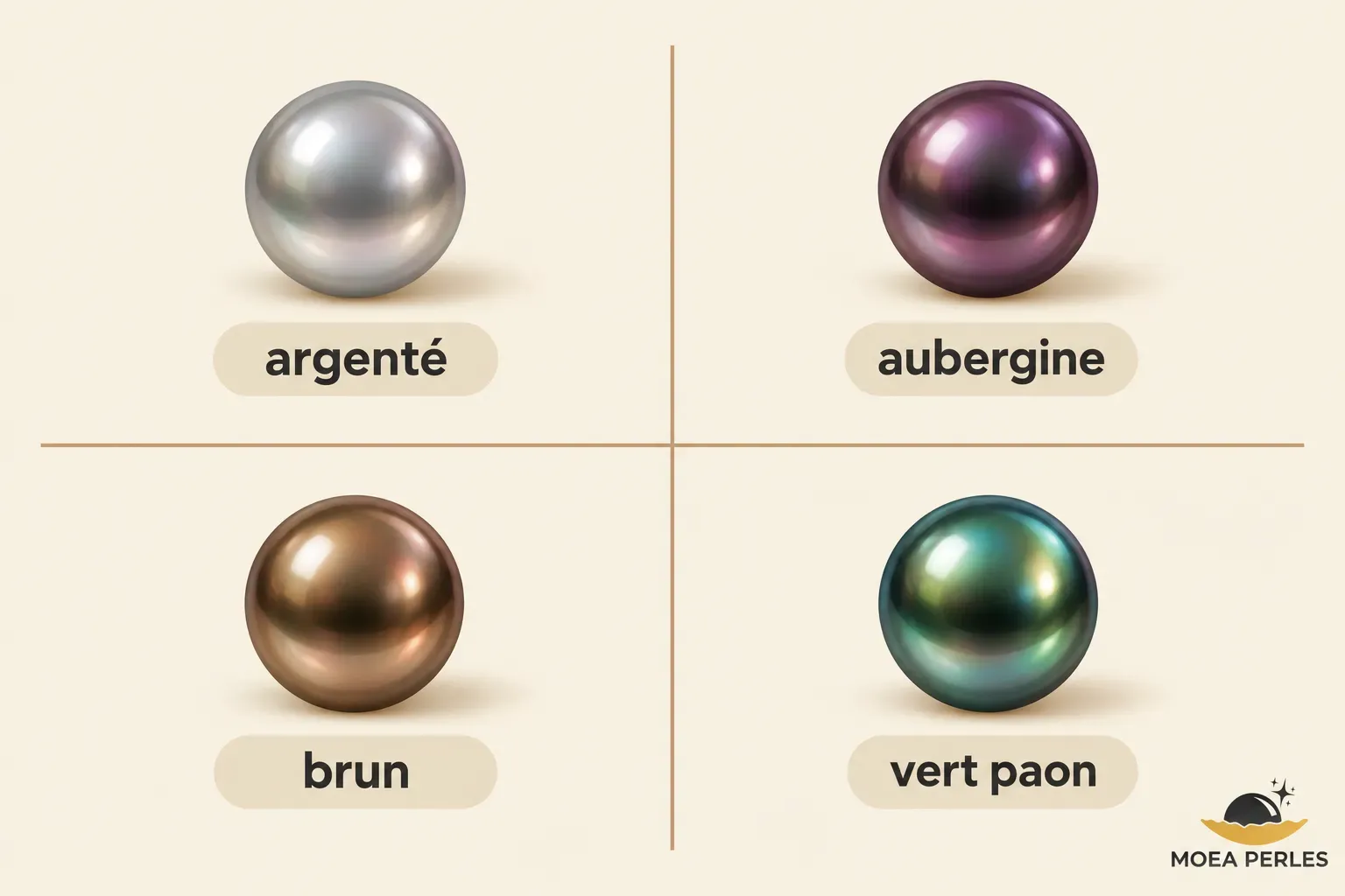 Quatre perles de Tahiti colorées: argenté, aubergine, brun et vert paon, chacune dans son quadrant.