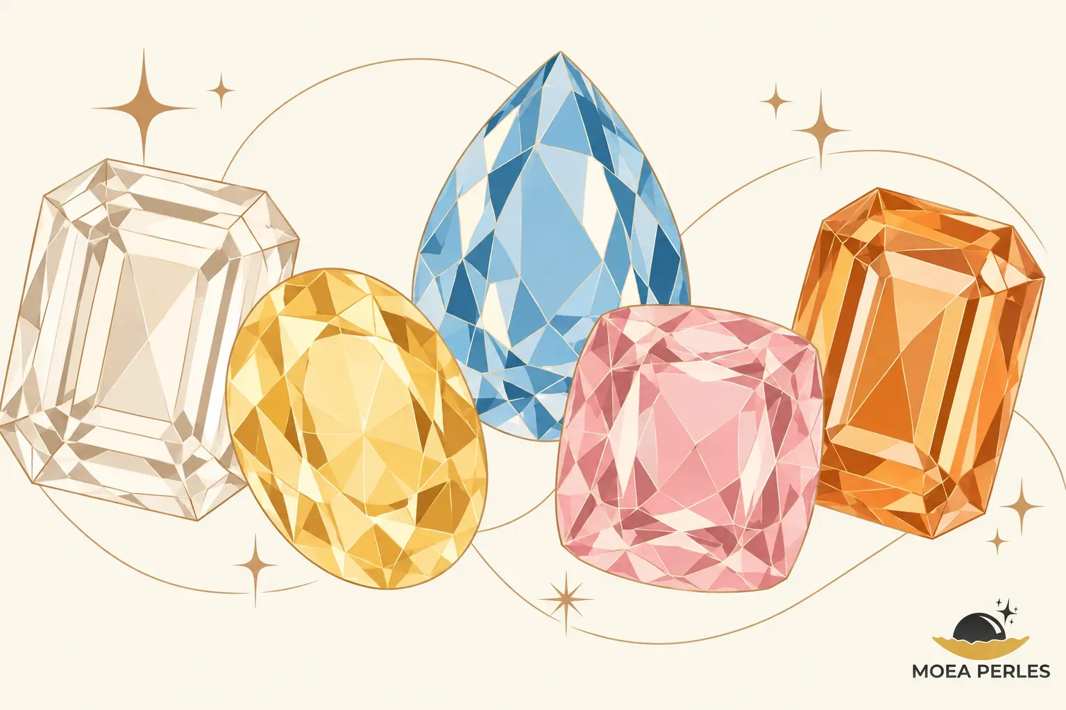 Quatre pierres précieuses multicolores en forme de gemmes brillantes alignées.