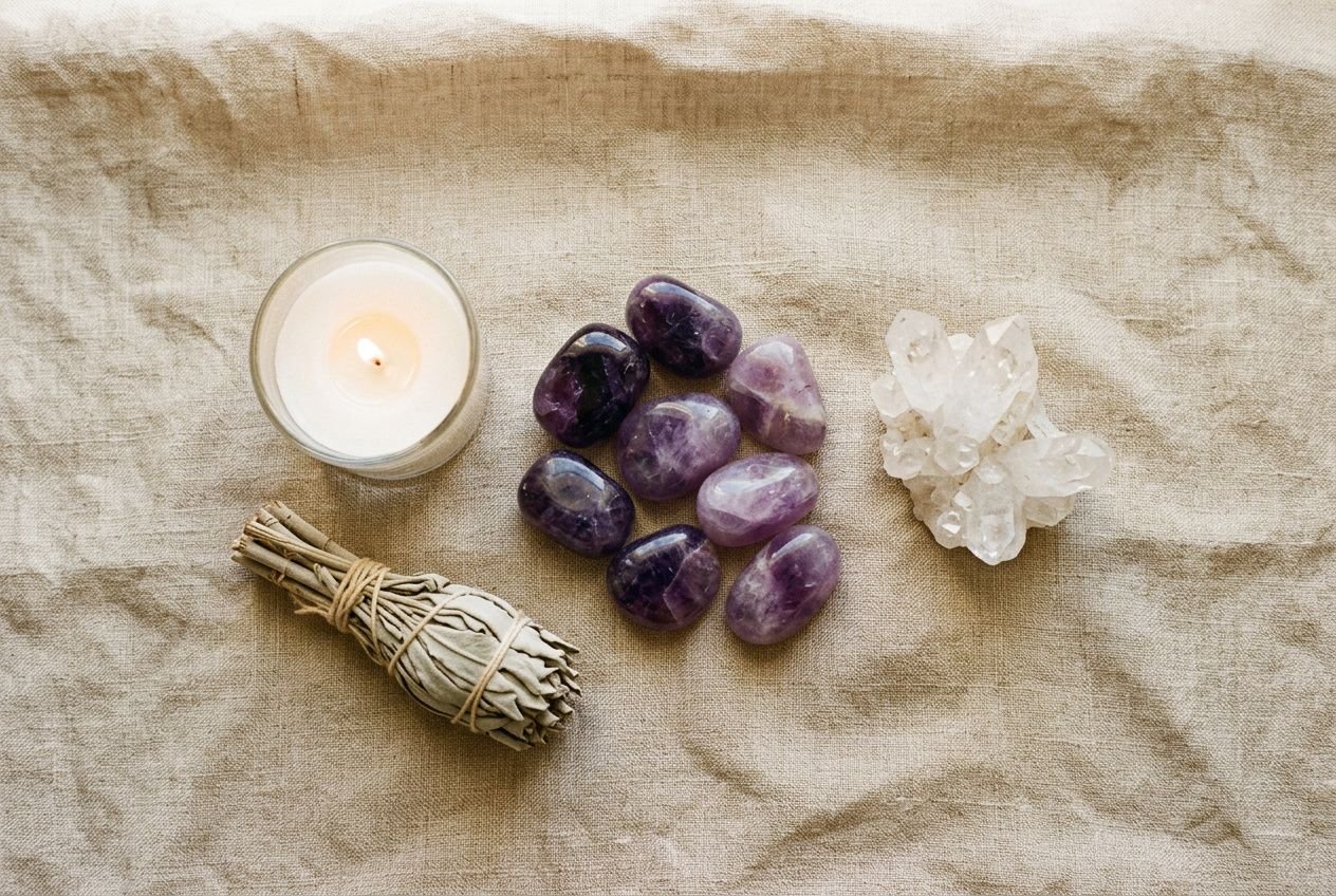 Qu'est-ce que l'améthyste : collection de pierres violettes polies près d'une bougie et d'un quartz clair, avec un bundle de sauge.