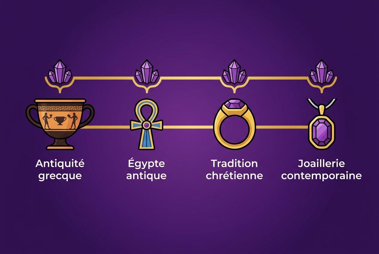 Qu'est-ce que l'améthyste : illustration montrant l'évolution de la pierre violette à travers antiquité grecque, Égypte antique, tradition chrétienne et joaillerie contemporaine.