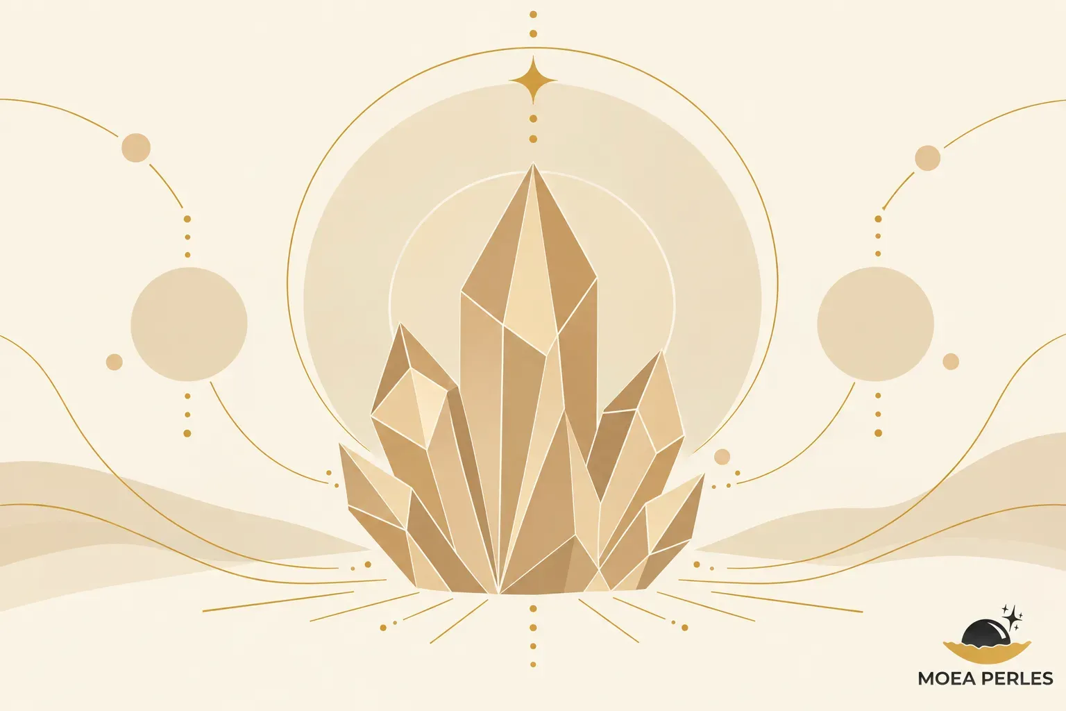 Roche de cristal de roche jaune et beige posée au centre avec des motifs circulaires et des lignes décoratives autour.