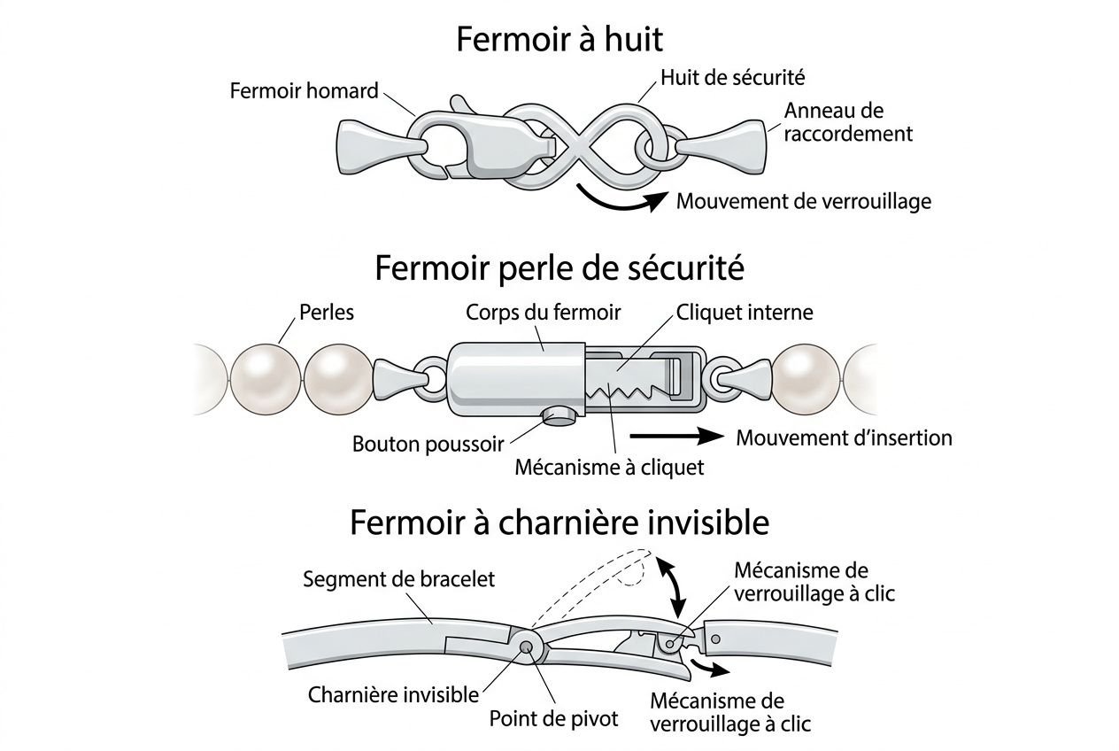 Schéma explicatif des fermoirs: fermeture à huit, fermoir à perle de sécurité et fermoir à charnière invisible avec les composants nommés.