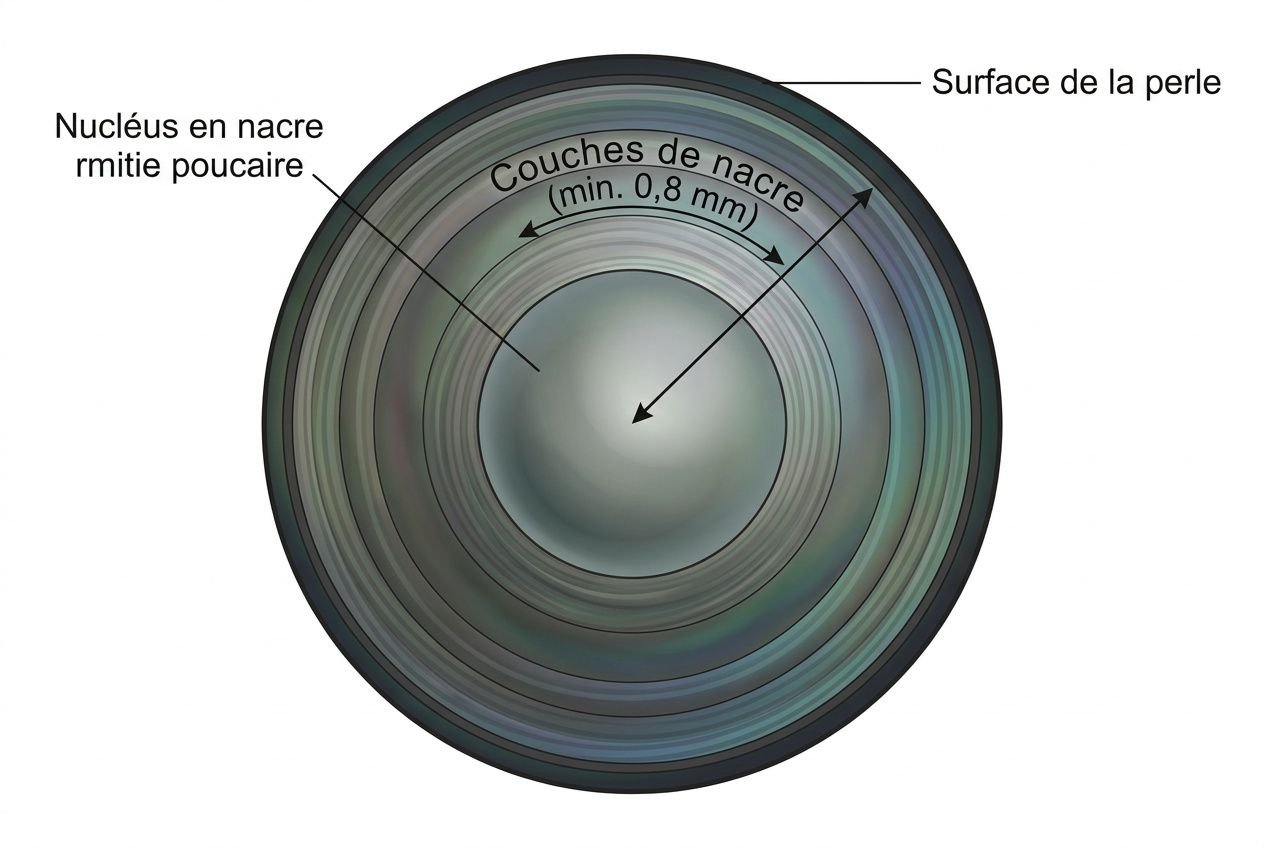 Schéma montrant les couches de nacre d’une perle avec surface et nucléus, et indication “différences perles de tahiti autres perles” liée au guide comparatif.
