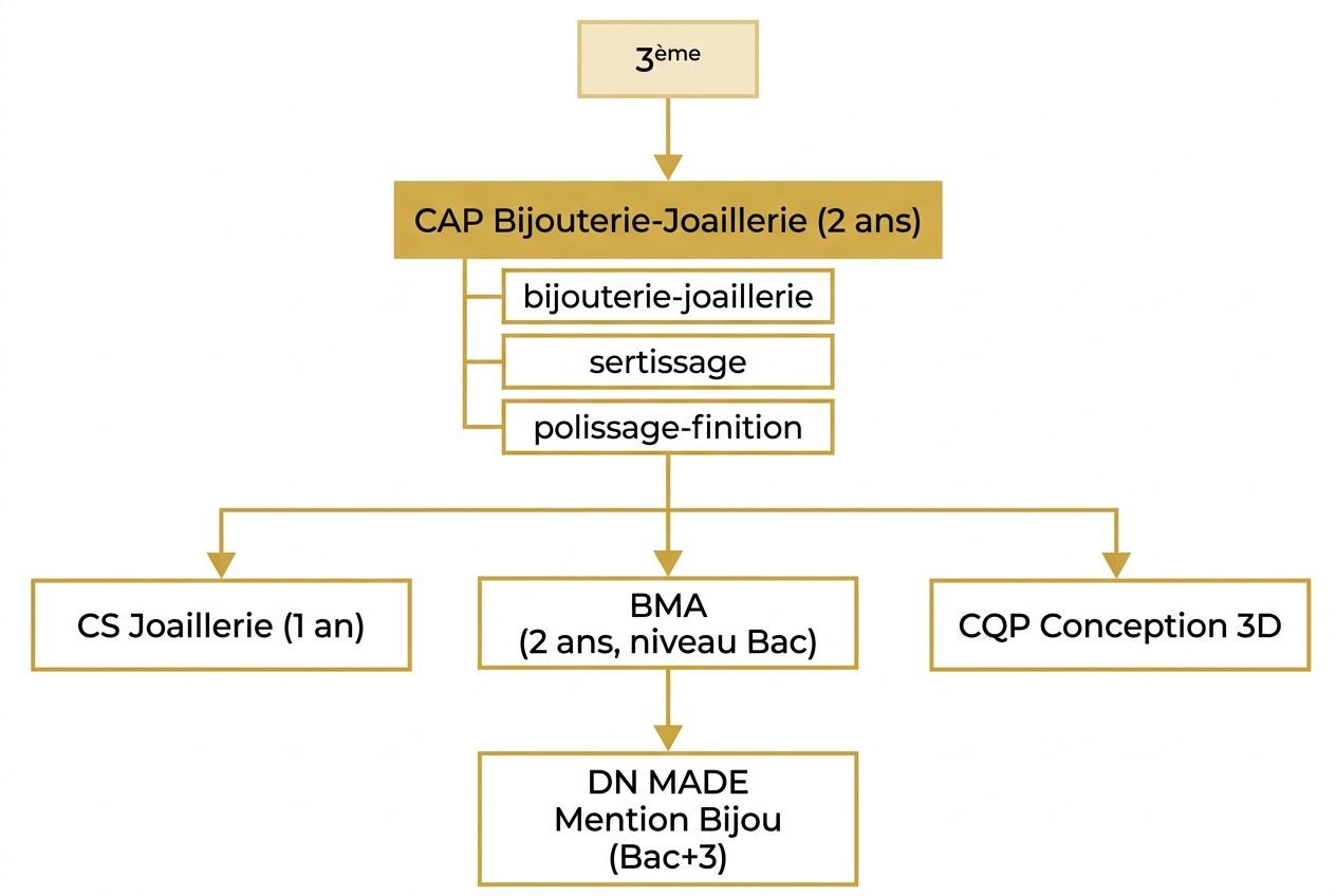 Schéma du parcours: CAP Bijouterie-Joaillerie puis options CS Joaillerie, BMA, ou CQP Conception 3D, suivi du DN MADE Mention Bijou. Le métier de joaillier est illustré par ce cursus de formation.