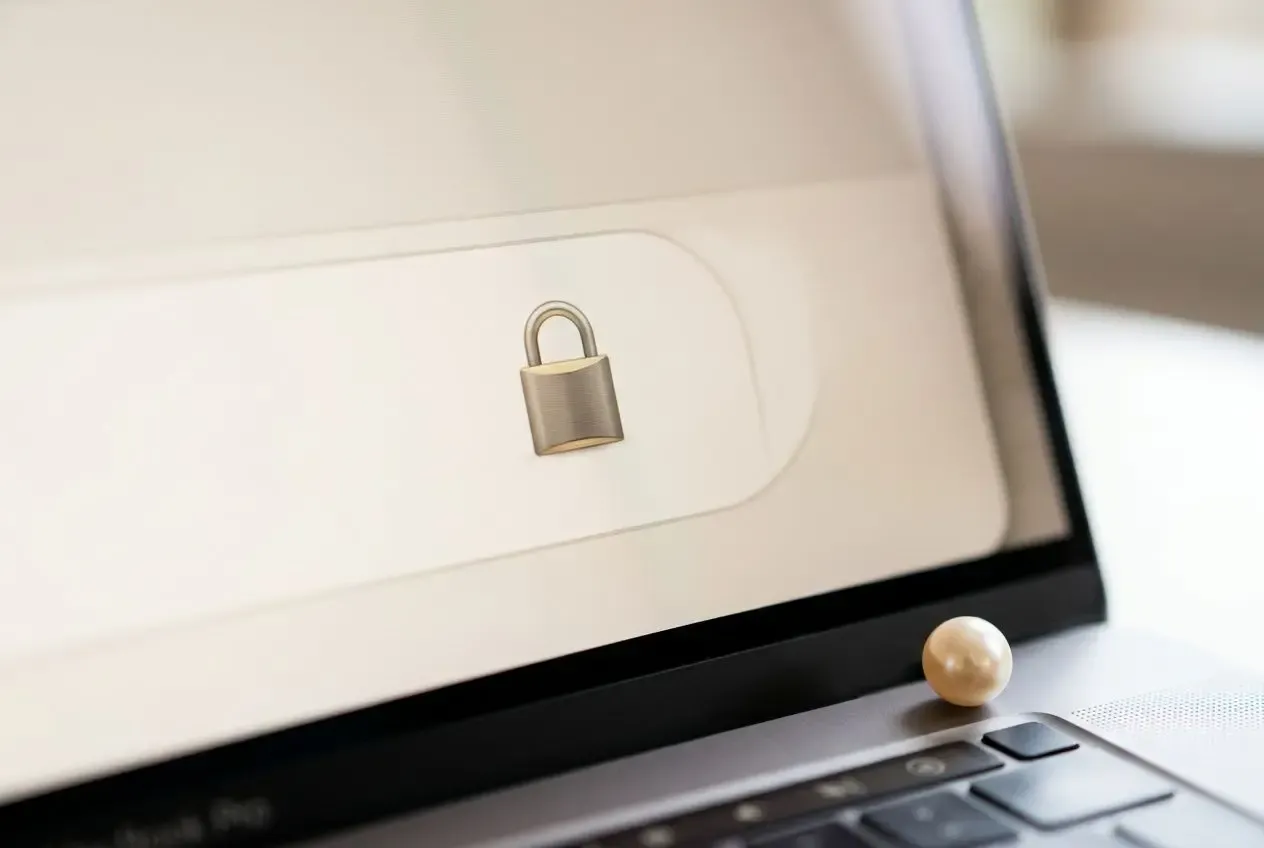 Serrure argentée sur écran d’ordinateur et perle ronde posée sur clavier, suggérant sécurité et achat en ligne de bijoux.