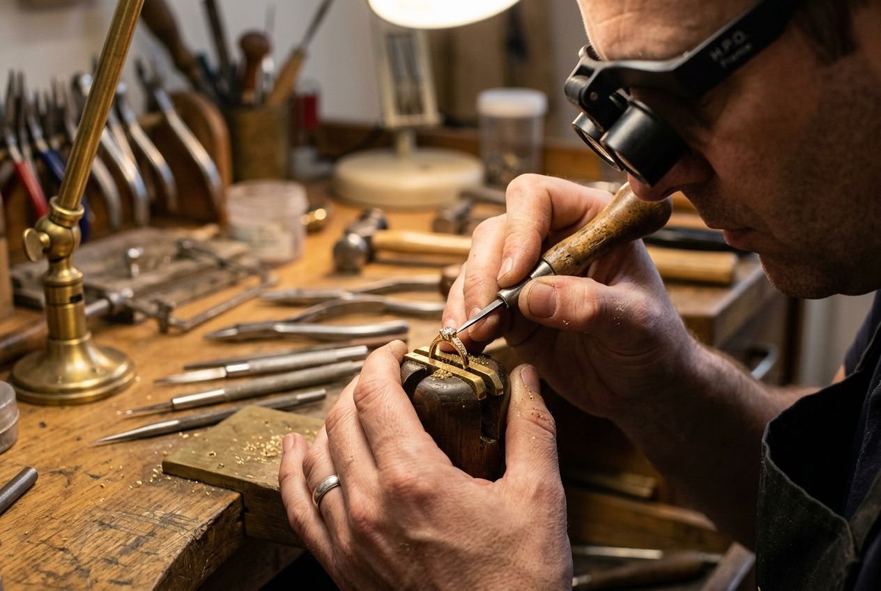 Un sertisseur au travail, utilisant un outil fin pour ajuster une bague sur un support, dans un atelier rempli d’outils. Métier de sertisseur, art de la joaillerie.