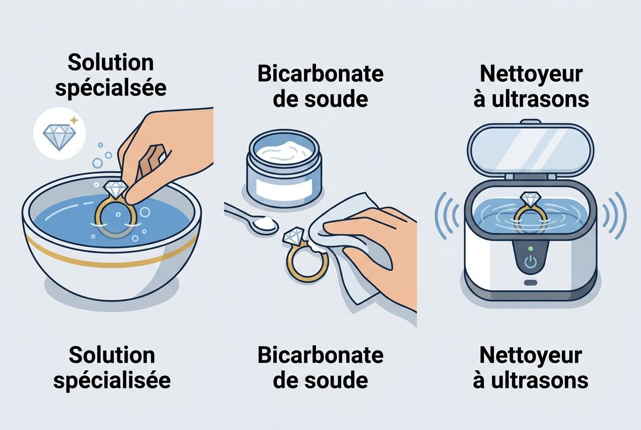 Solution spécialisée pour l’entretien des diamants: immersion d’un anneau dans une solution, puis nettoyage et essuyage.