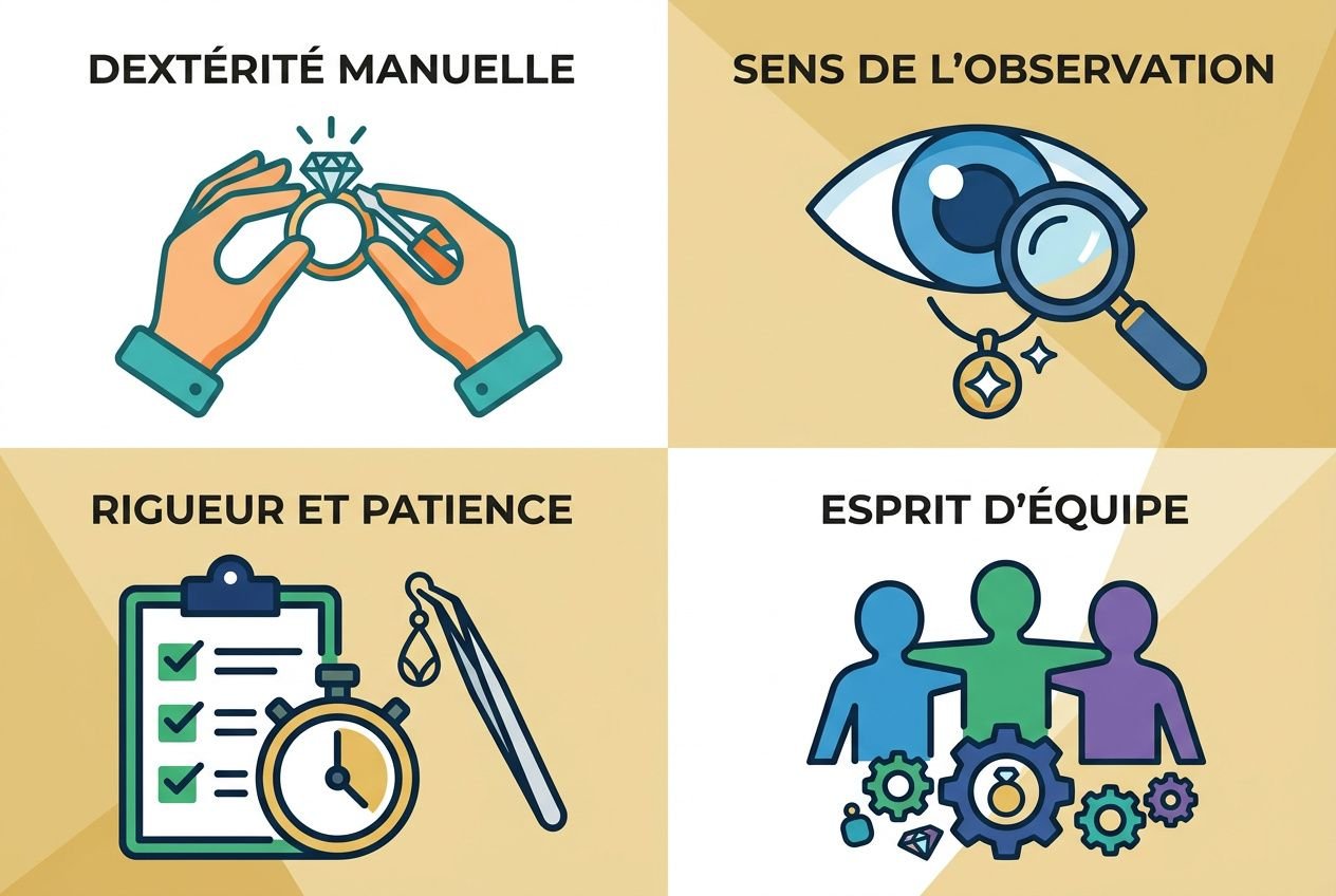 Talents et aptitudes pour les métiers en joaillerie, dont le polissage, avec observation, rigueur et esprit d’équipe.