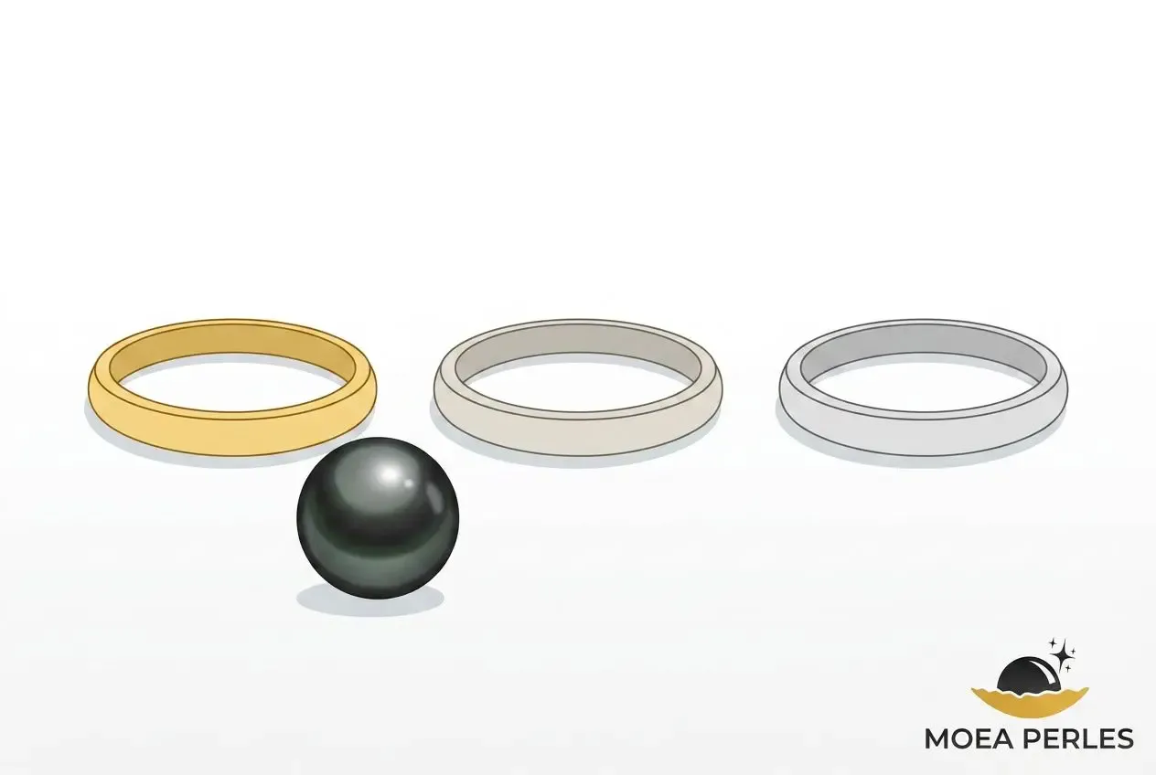 Trois alliances en or, argent et platine avec une perle noire, symbole d’élégance et de savoir-faire. tout savoir sur la bague de fiançailles histoire styles savoir faire et conseils