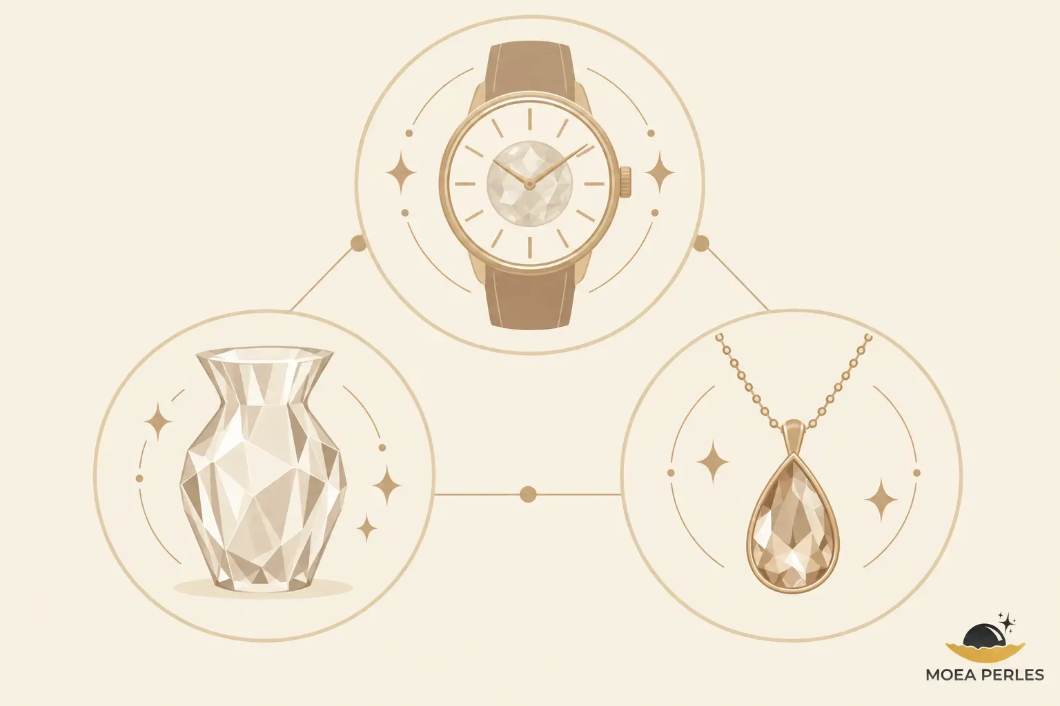 Trois objets illustrant le quartz : une montre, un vase et un pendentif brillant.