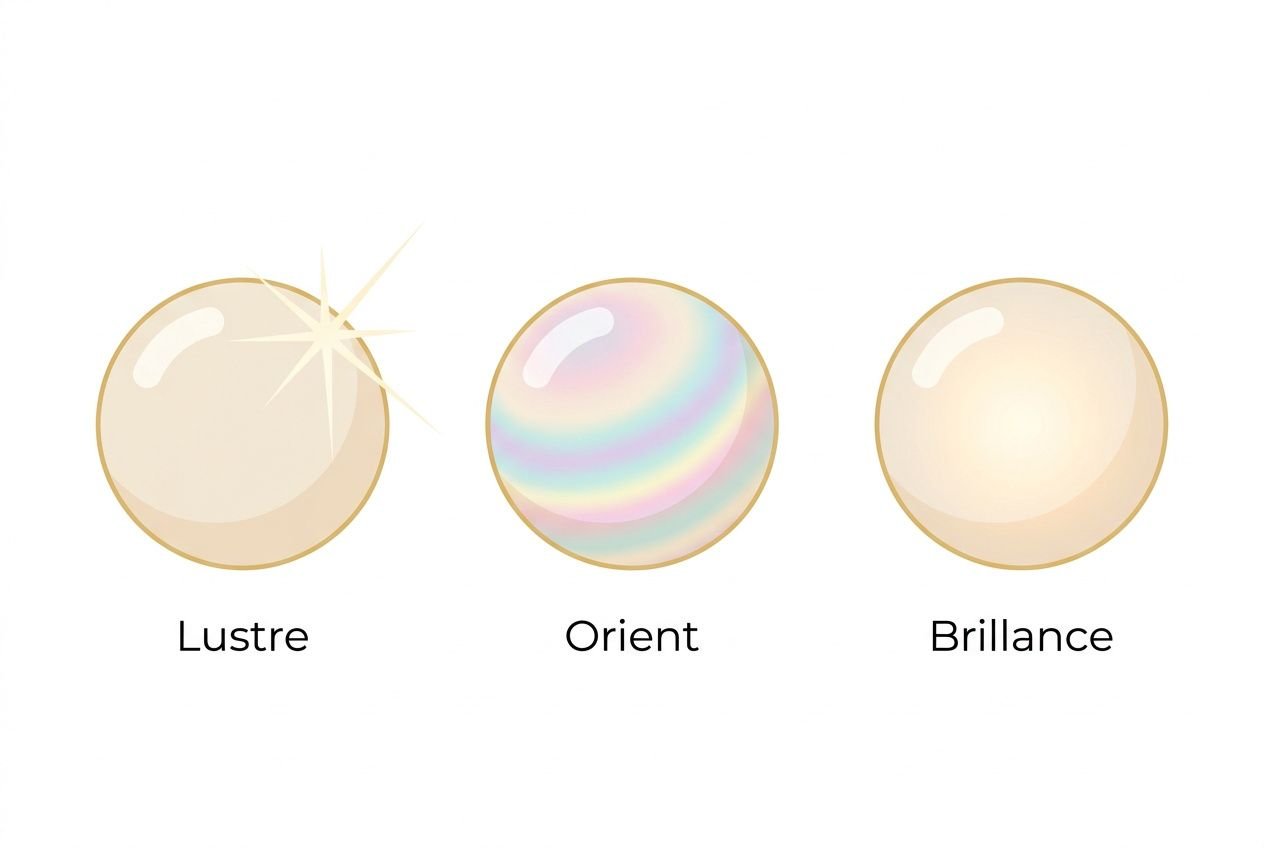 Trois perles sans défaut avec fin lustre, orienté irisé et brillance douce, illustrant les qualités d’une perle fine.