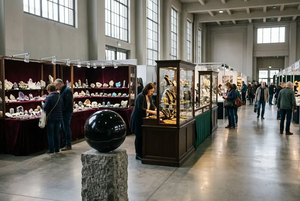 Visiteurs explorant des stands d’exposition de gemmes et pièces précieuses lors d’un salon intérieur, avec vitrines éclairées et allée centrale animé. Mots-clés intégrés: meilleurs salons de gemmologie france.