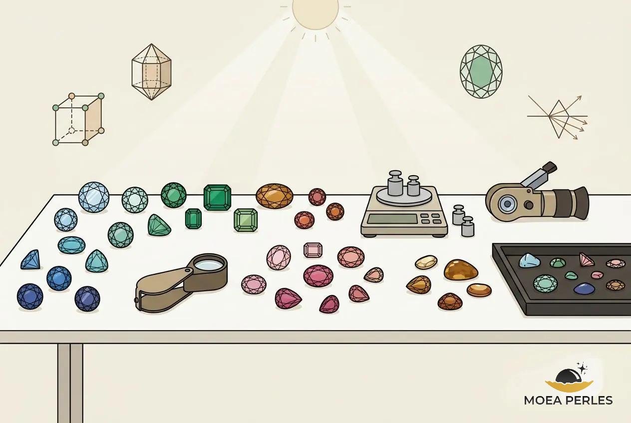 Vitrine de pierres précieuses et bijoux colorés sur une table, loupe et microscope à droite, mallette à bijoux et areas d’émeraudes, rubis et diamants. Intègre les “meilleurs salons de gemmologie france”.