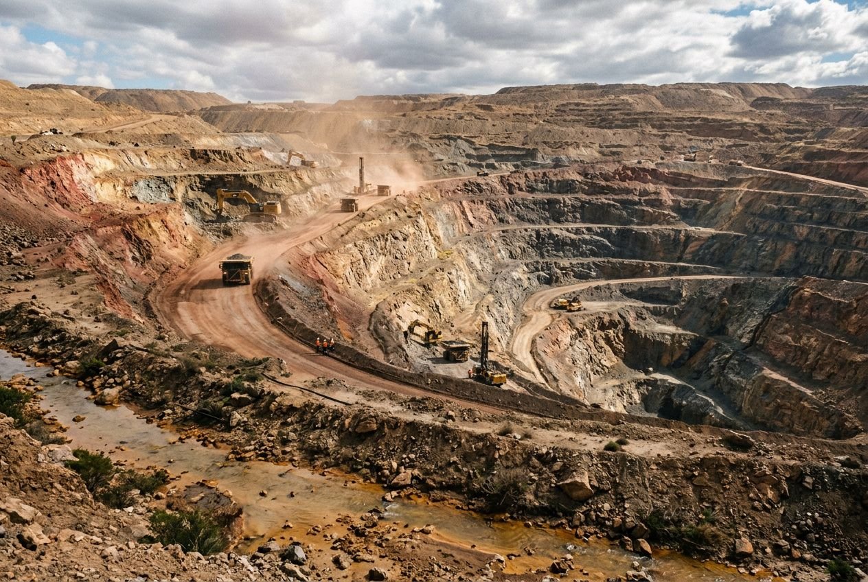 Vue d'une grande carrière minière à ciel ouvert avec escaliers géants et camions sur les chemins rocheux, poussière en suspension. pourquoi recycler l'or importance.